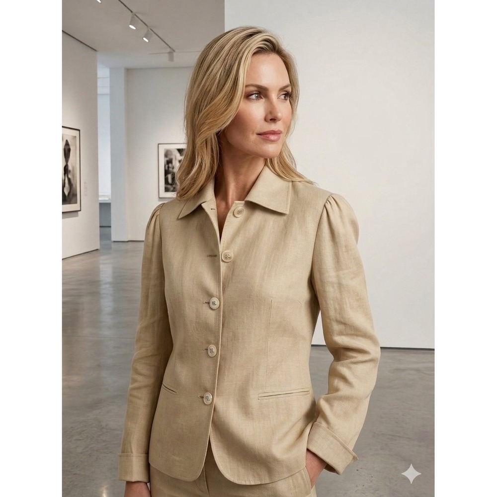 Lauren Ralph Lauren Tan Linen Blazer Jacket Beige Button Front Womens 14